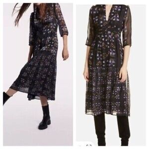 ba&sh Black Midi Dress with Lilac Floral Print